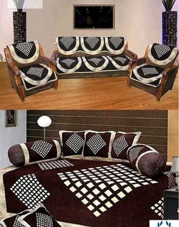 Kanha Décor presents Chenille attractive designer Diwan set which contain 1 bedsheet , 2 bolster with 5 cushion cover & 10 pcs set sofa cover - Free Size, Brown, Chenile, Multipack :1